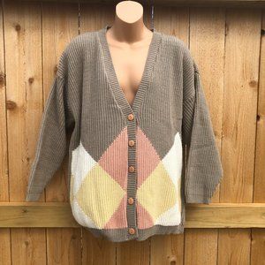 Vintage Norton McNaughton Cardigan Sweater Argyle Acrylic Grandma USA Size L